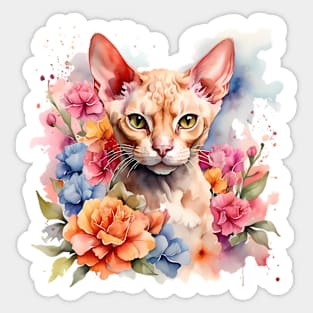 A devon rex cat decorated with beautiful watercolor flowers Sticker